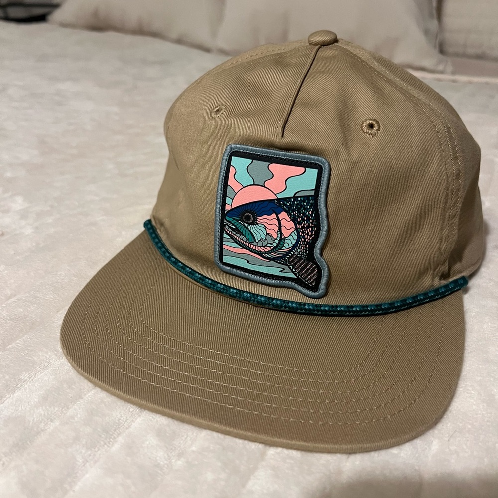 Tan Columbia 5 panel Hat with Fish Patch